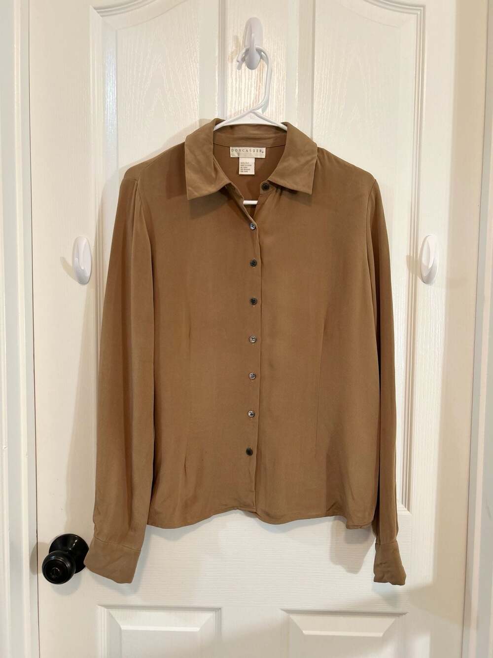 Doncaster 100% Silk Long Sleeve Button Down Shirt Tan Brown